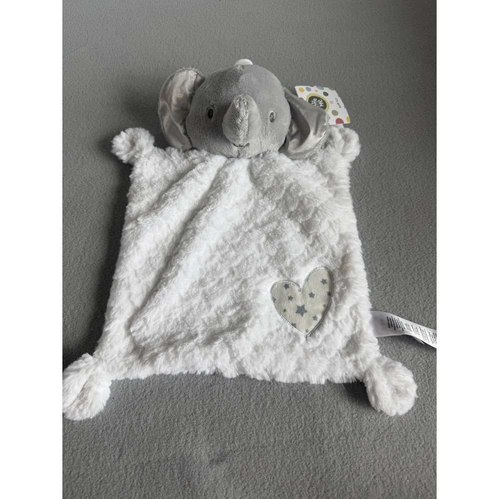 Little Me Elephant Lovey Security Blanket White Grey Faux Fur Star Heart NWT